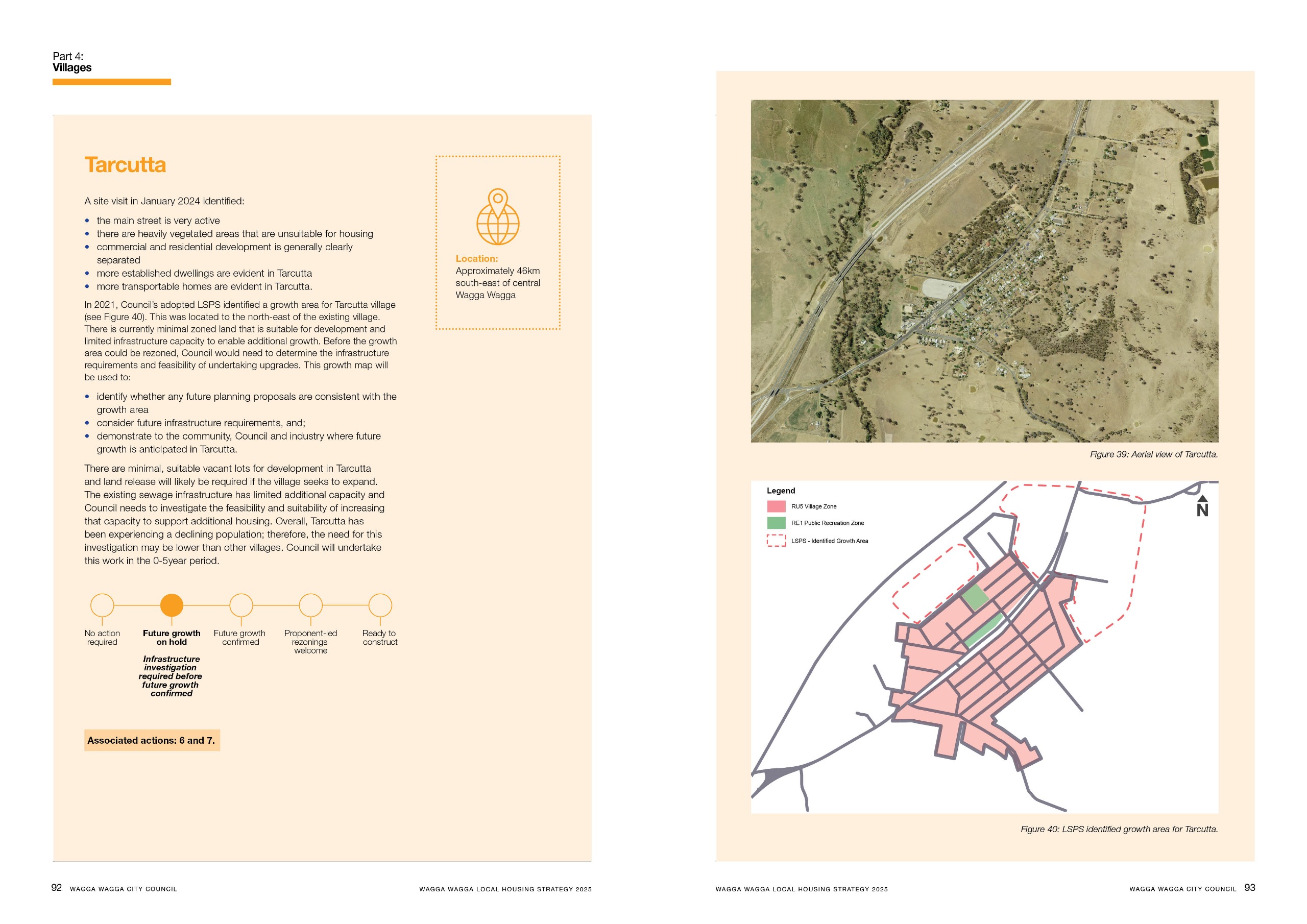 A two-page spread from the Wagga Wagga Local Housing Strategy 2025, focused on the village of Tarcutta.