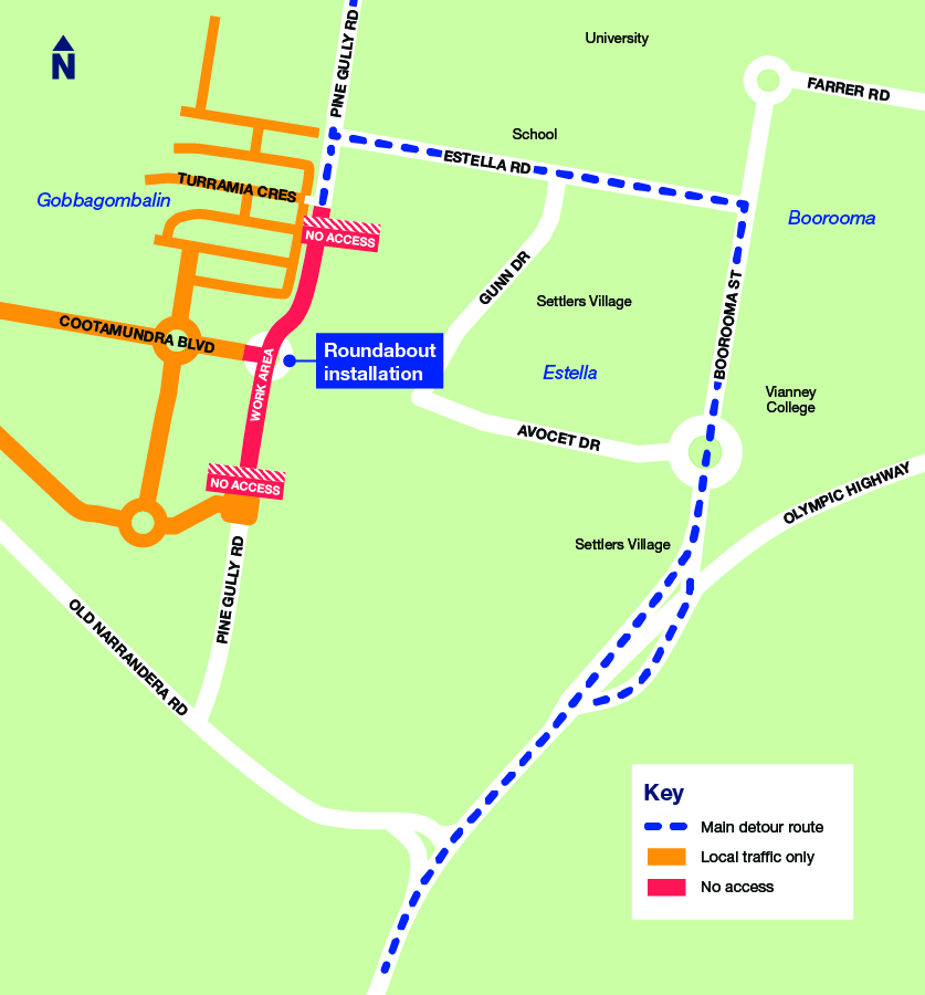 Detours marked on map during roadworks on Pine Gully Road at Gobbagombalin