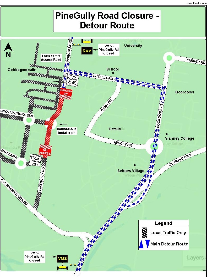 Detours marked on map during roadworks on Pine Gully Road at Gobbagombalin