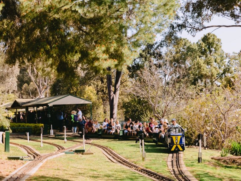 Miniature railway engine and carriage with passengers.